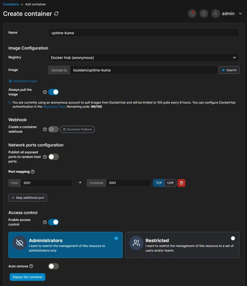 Create Uptimekuma Container in Docker