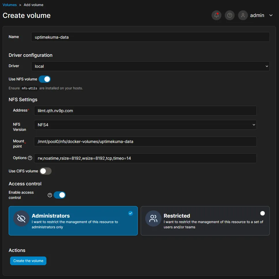 Create NFS volume via Portainer