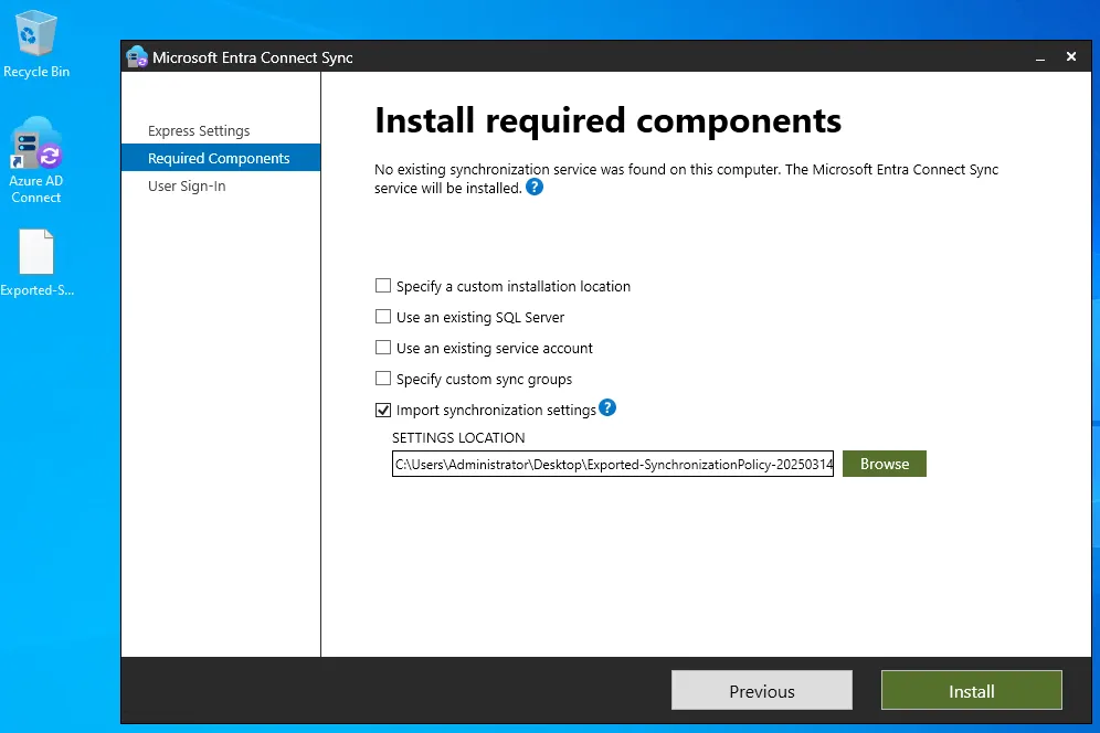 Import existing AD Connect Config